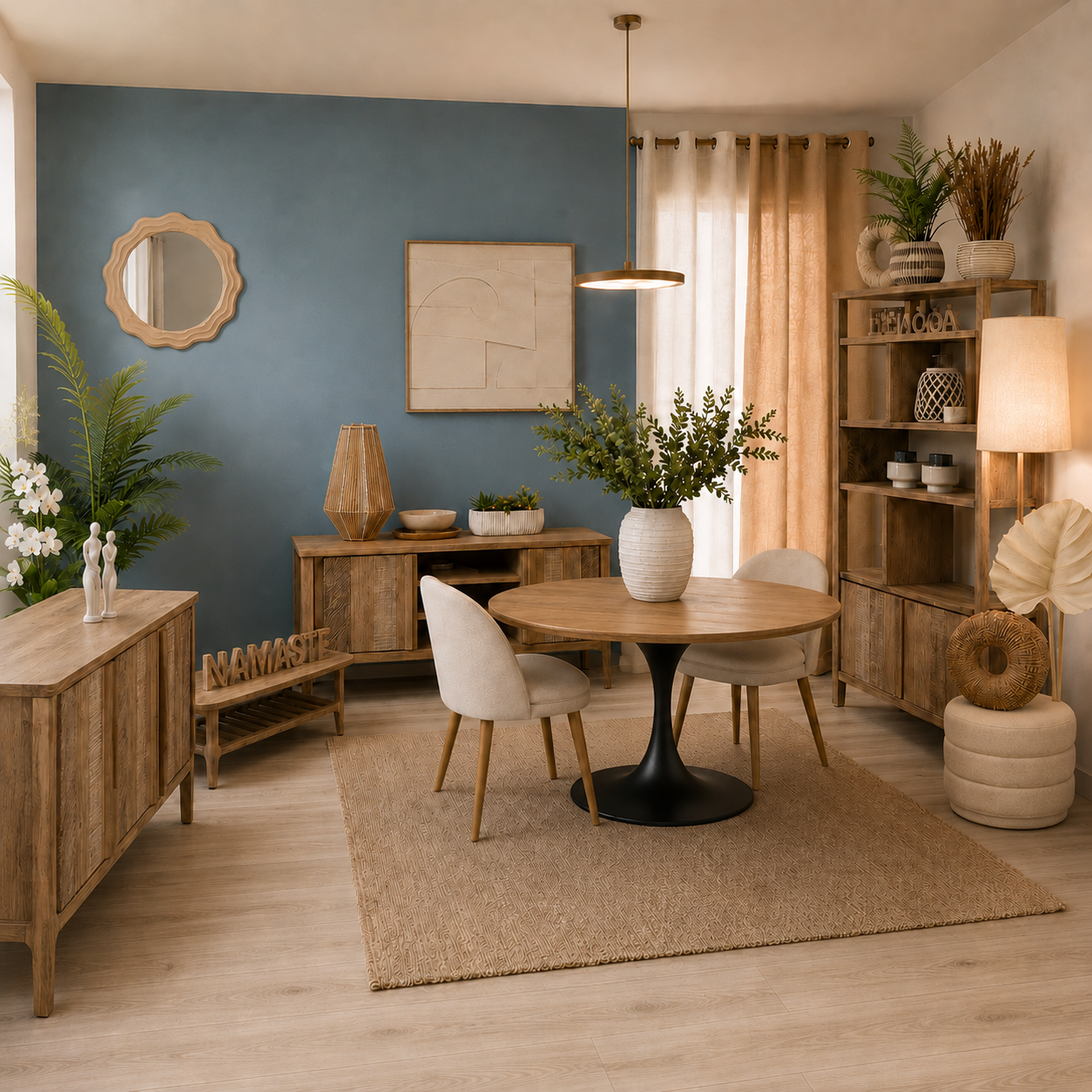 Natural chic: una zona living con legno, tessuti chiari e complementi decorativi