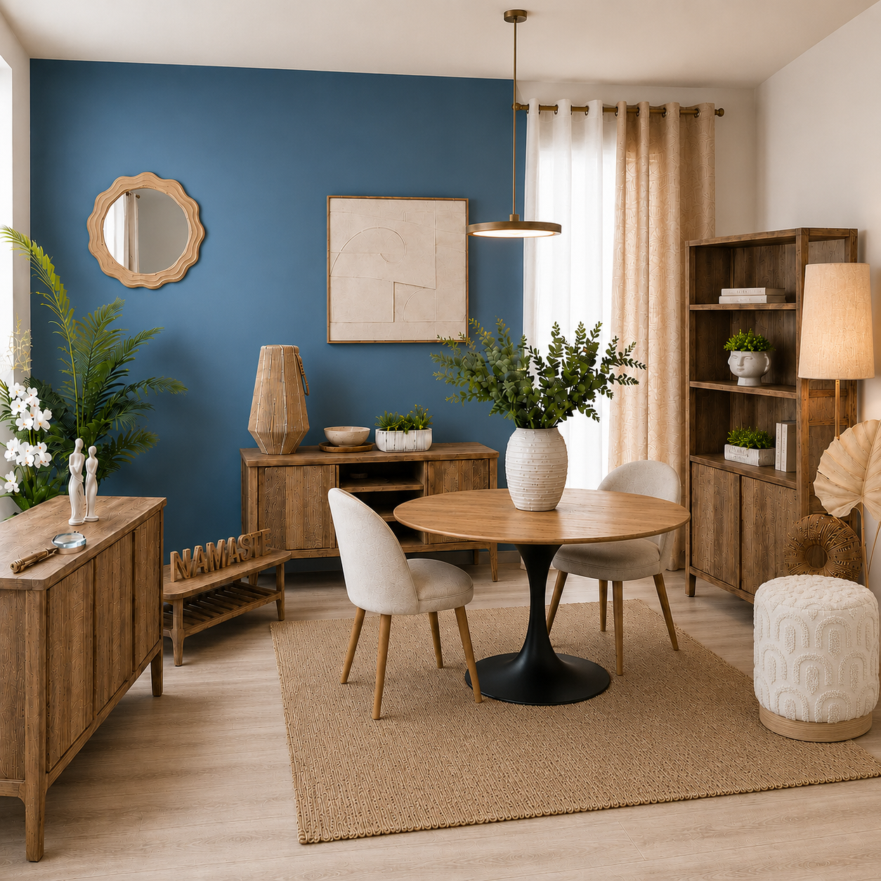 Natural chic: una zona living con legno, tessuti chiari e complementi decorativi