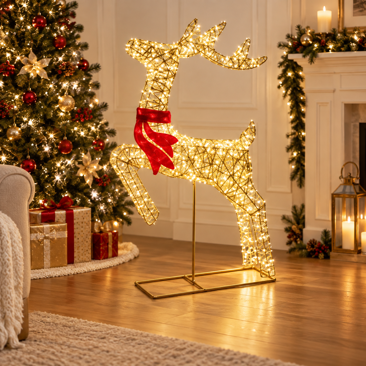 Renna natalizia luminosa oro 88 cm con fiocco rosso e 720 LED