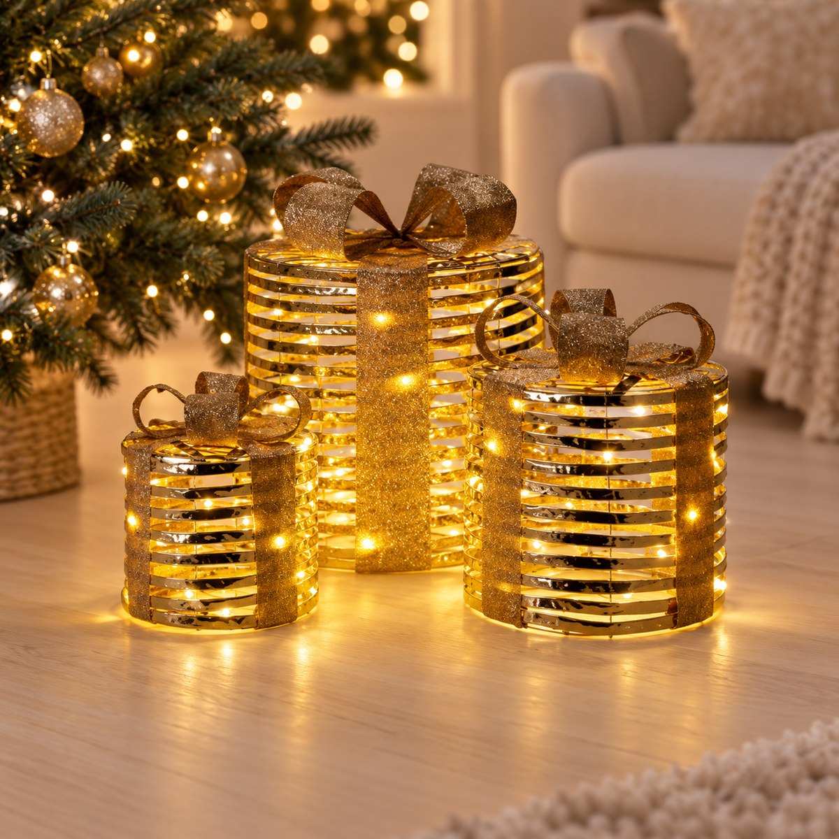 Set 3 scatole regalo tonde oro con LED e timer
