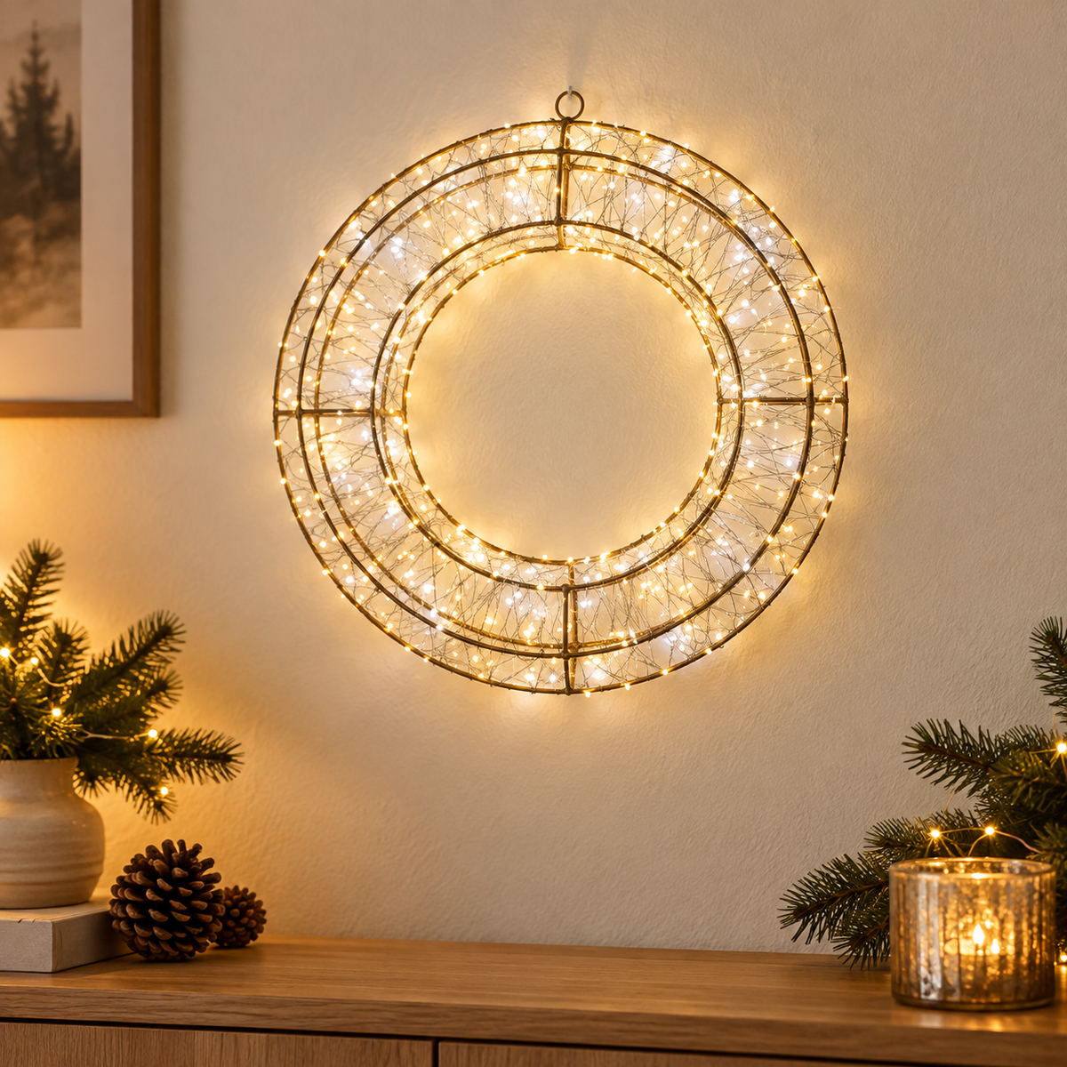 Corona natalizia luminosa 38 cm tortora con 500 LED