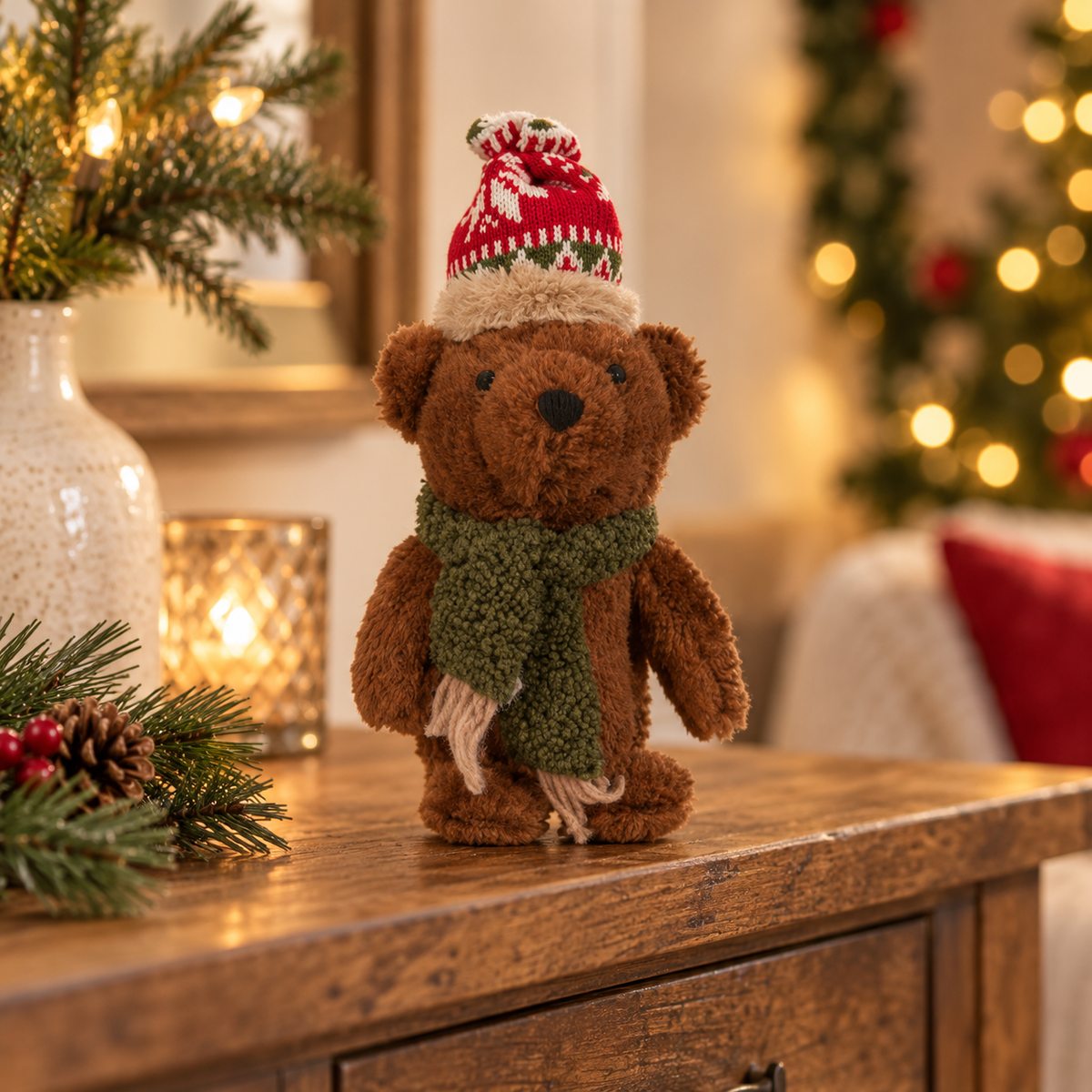 Orso natalizio marrone 17 cm con cappello e sciarpa