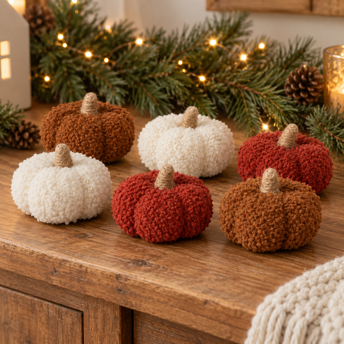 Set 6 zucche decorative in tessuto bouclé 7 cm