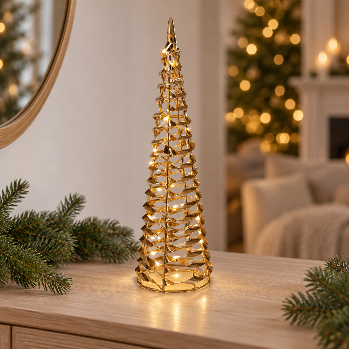 Cono natalizio oro 40 cm con 30 micro LED e timer