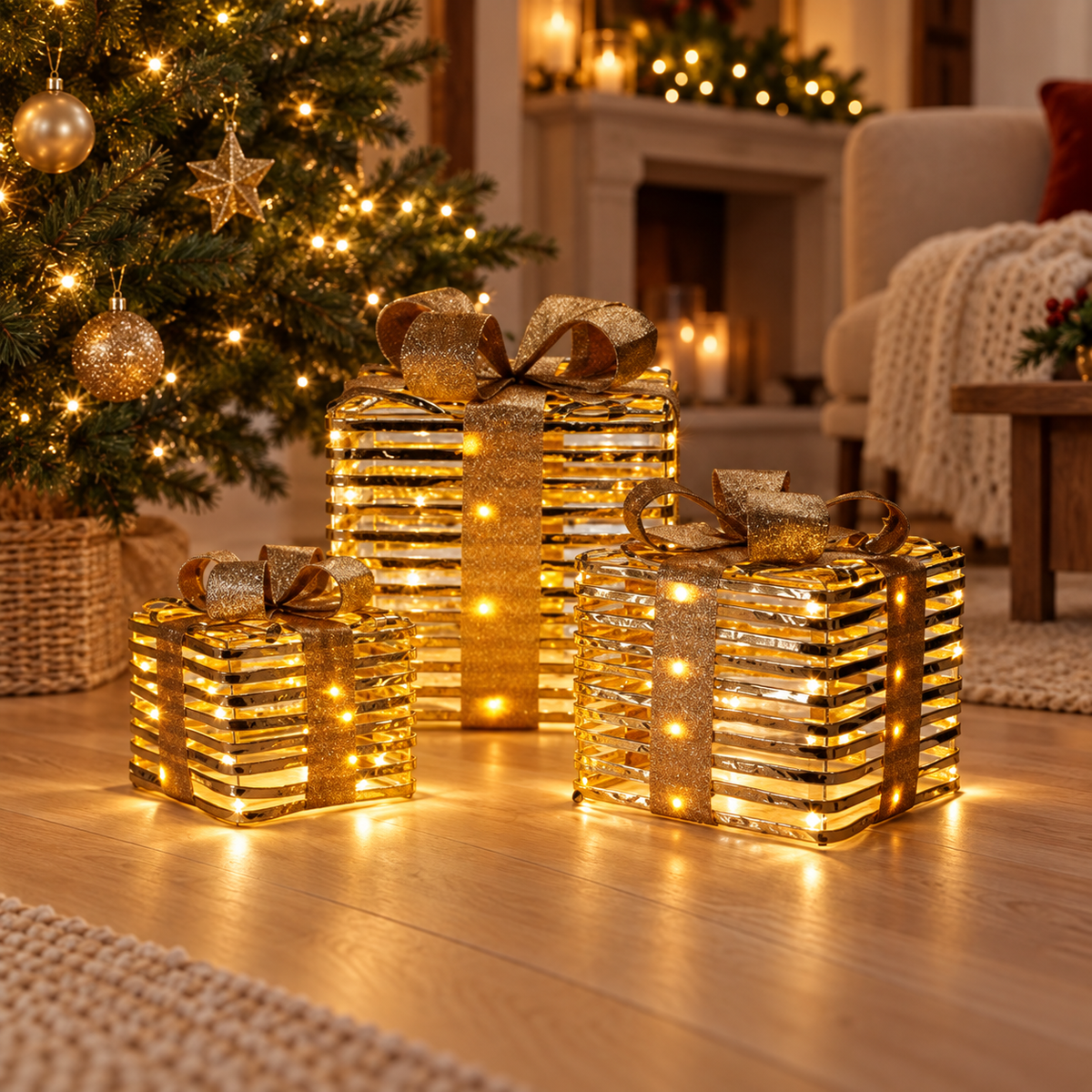 Set 3 scatole regalo natalizie oro con LED e timer