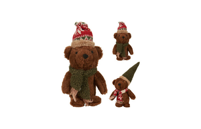 Orso natalizio marrone 17 cm con cappello e sciarpa