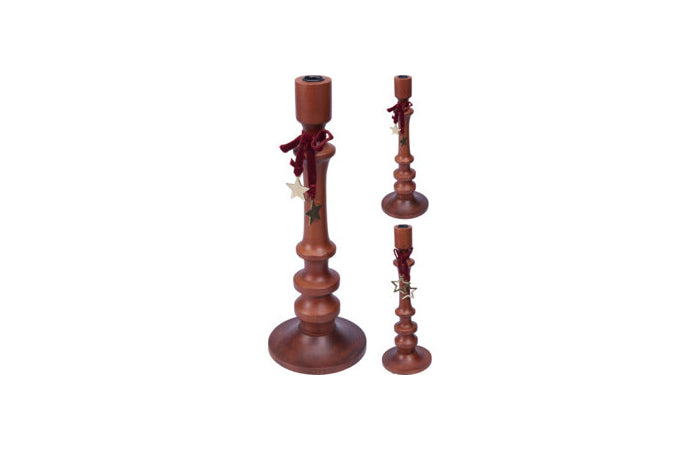 Portacandela natalizio in legno di mango 40 cm con fiocco bordeaux