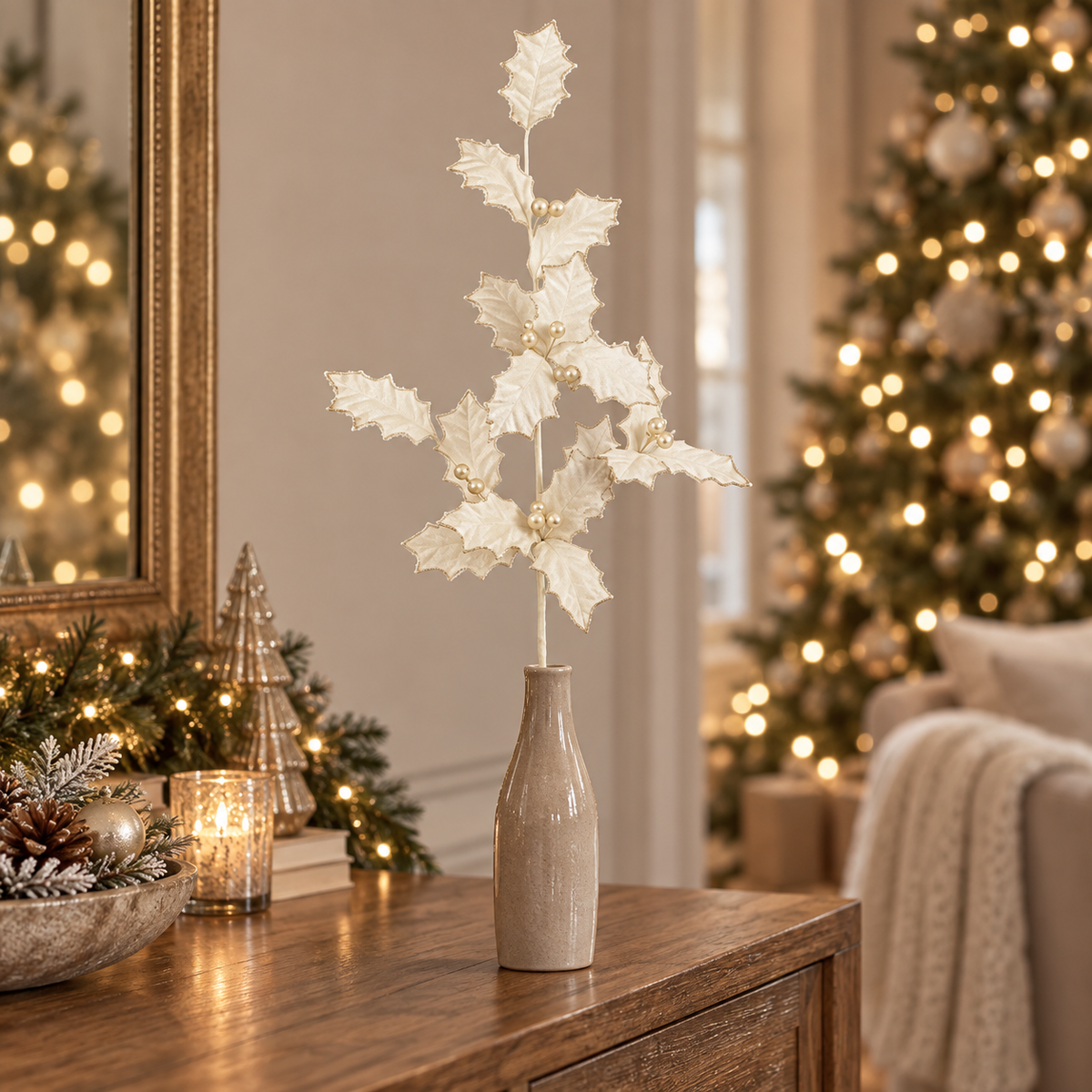 Ramo di agrifoglio natalizio crema glitterato 80 cm – Mica Decorations
