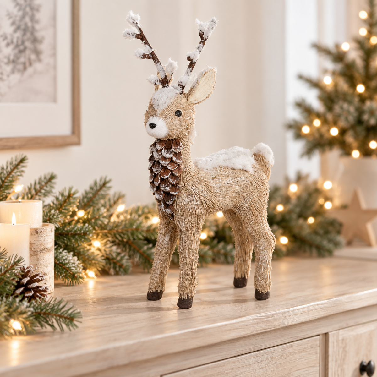 Renna natalizia naturale con pigne e neve – altezza 36,5 cm