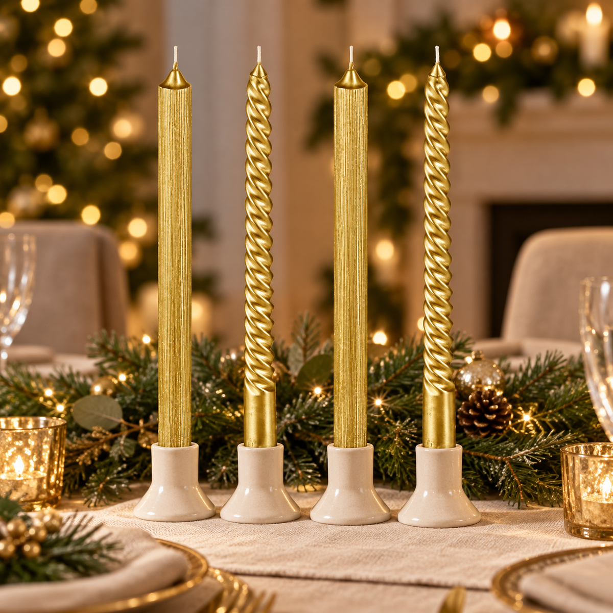 Candele natalizie a stelo oro dritte e a spirale – set da 4, 25 cm