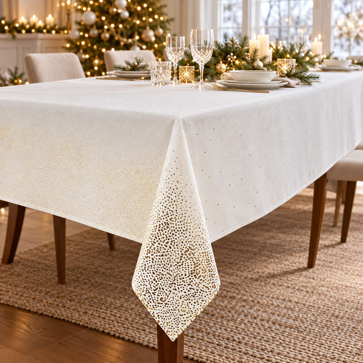 Tovaglia natalizia bianca e oro stampa leopardo – 140 × 360 cm