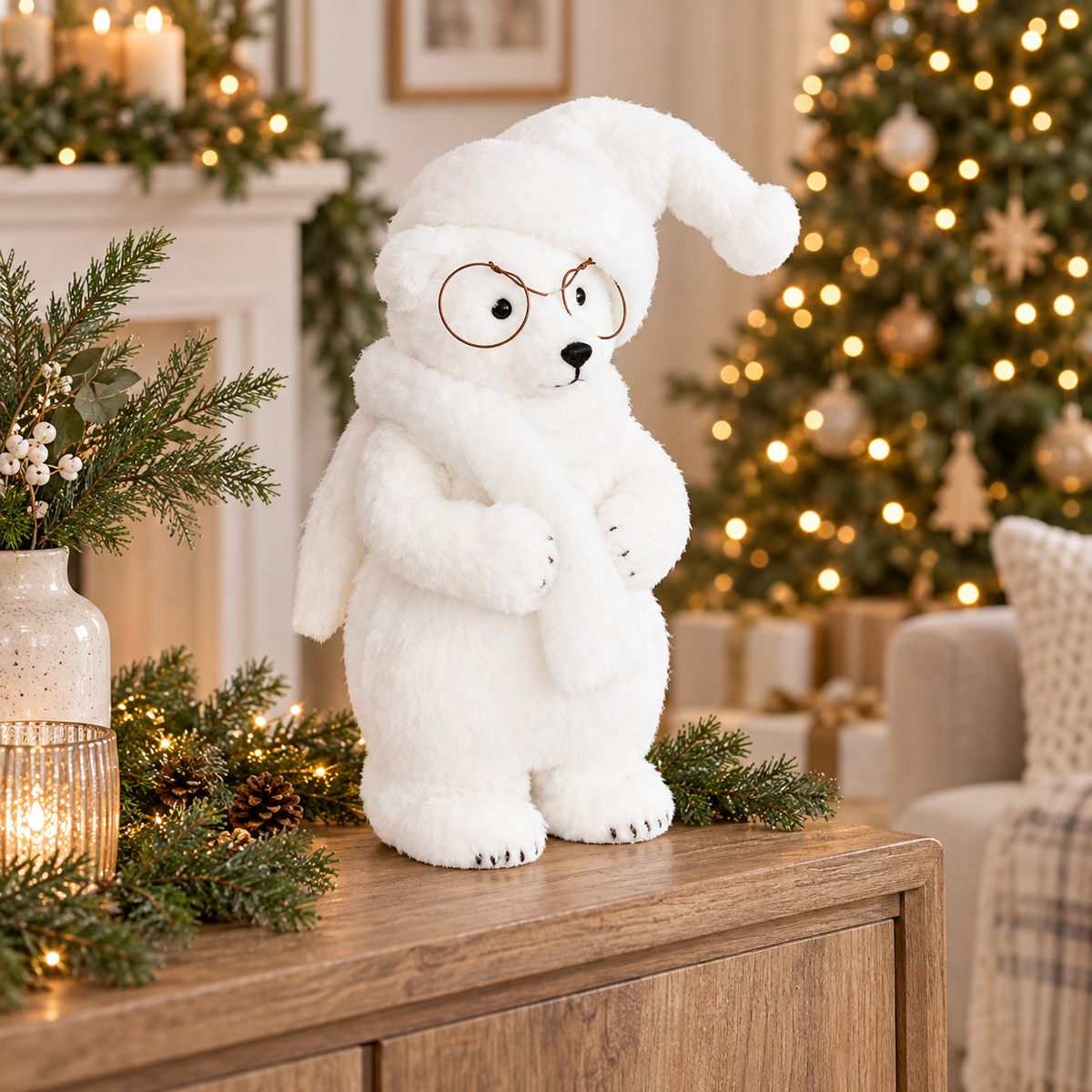 Orso natalizio bianco con occhiali, cappello e sciarpa – 38 cm
