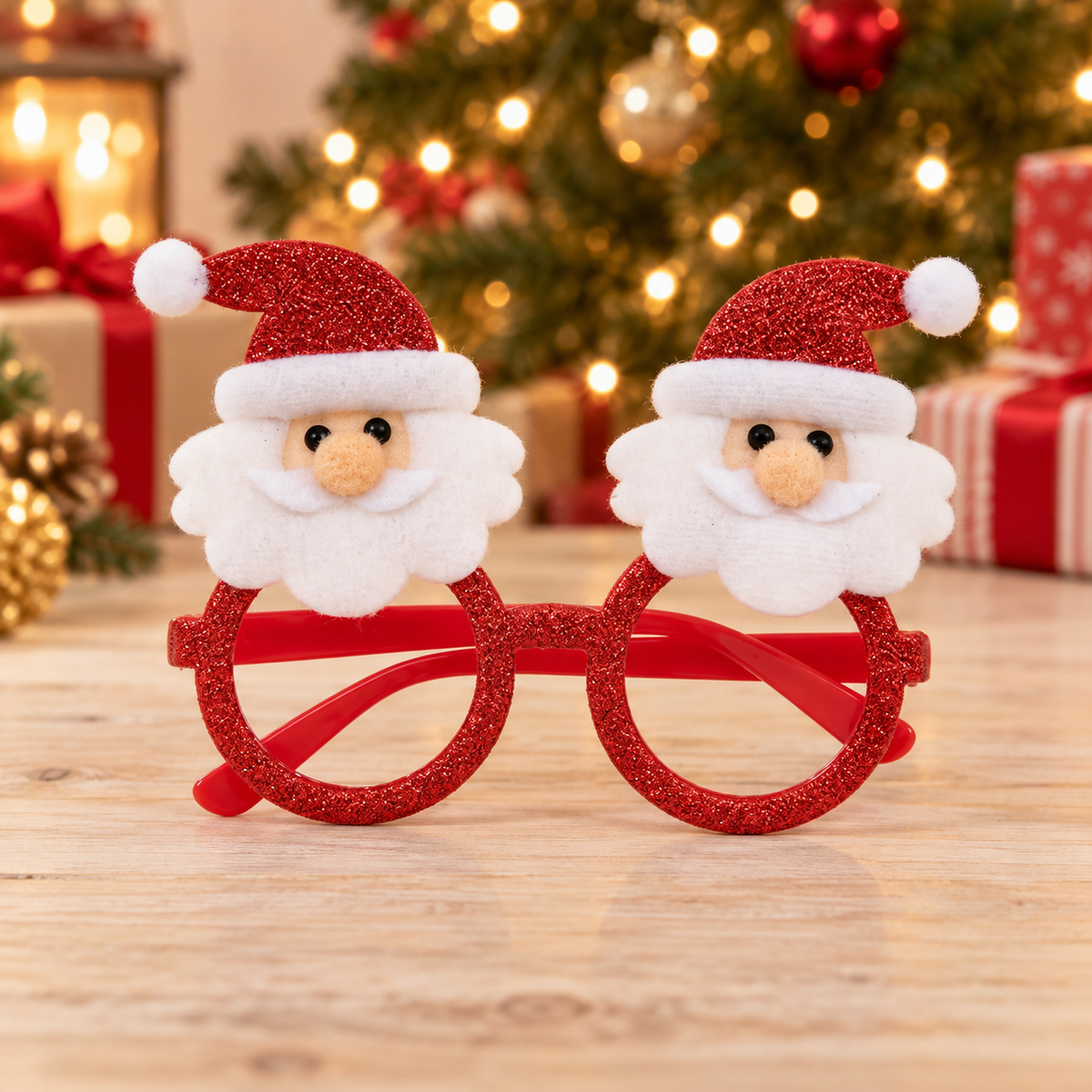 Occhiali natalizi glitterati con Babbo Natale rossi