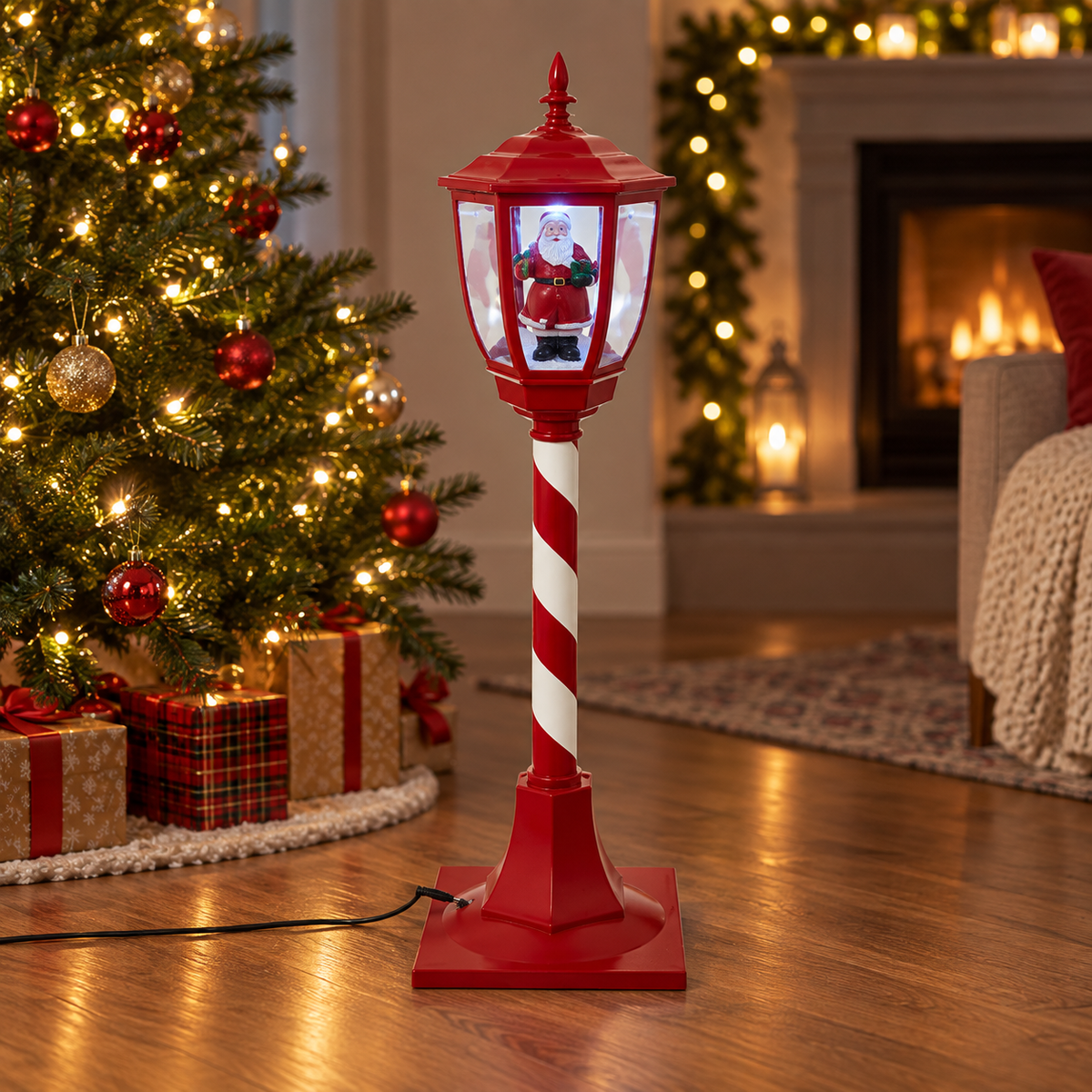Lampione natalizio rosso e bianco con Babbo Natale 30 LED 90 cm