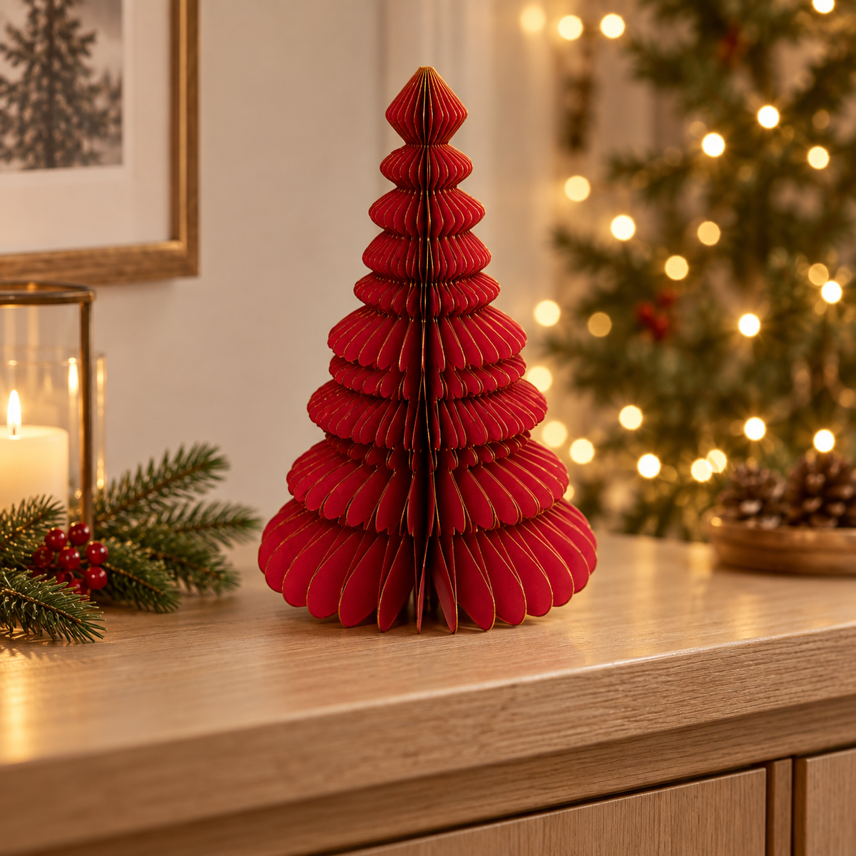 Albero di Natale decorativo in carta rossa con bordi dorati 30 cm