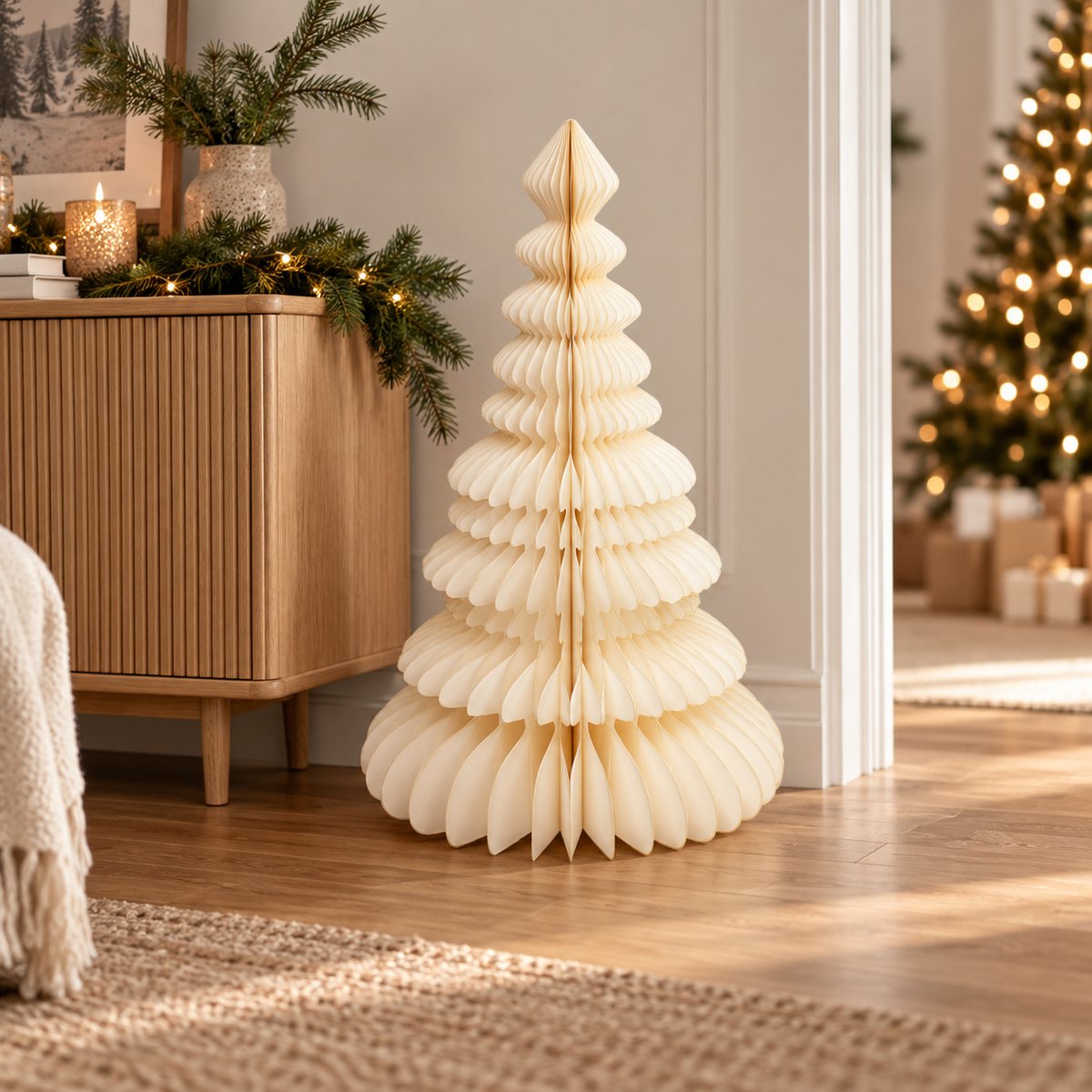 Albero di Natale decorativo in carta avorio 90 cm