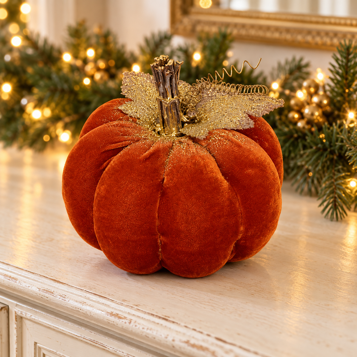 Zucca decorativa in velluto arancione con foglie dorate 19 cm