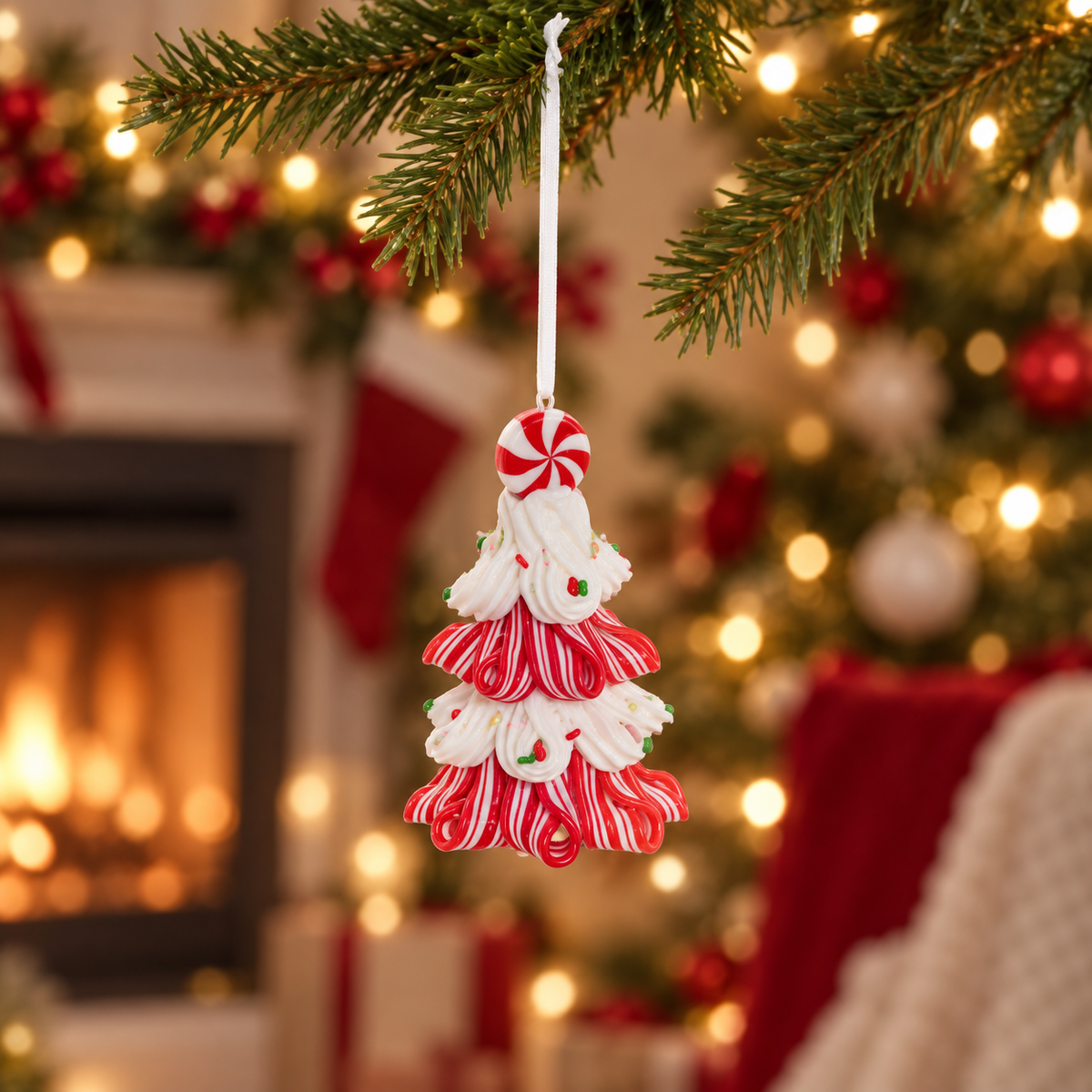 Pendente albero di Natale caramella rosso e bianco 11 cm
