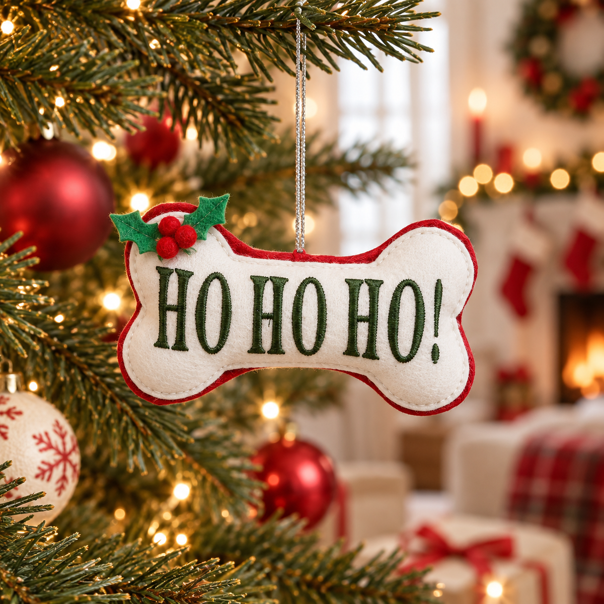 Pendente natalizio osso HO HO HO in tessuto 12 × 7 cm