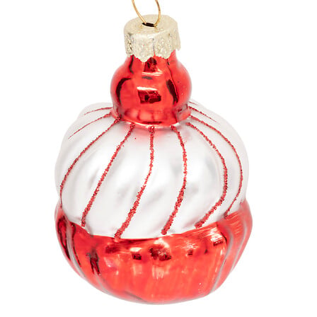 Addobbo natalizio cupcake in vetro rosso e bianco 7 cm
