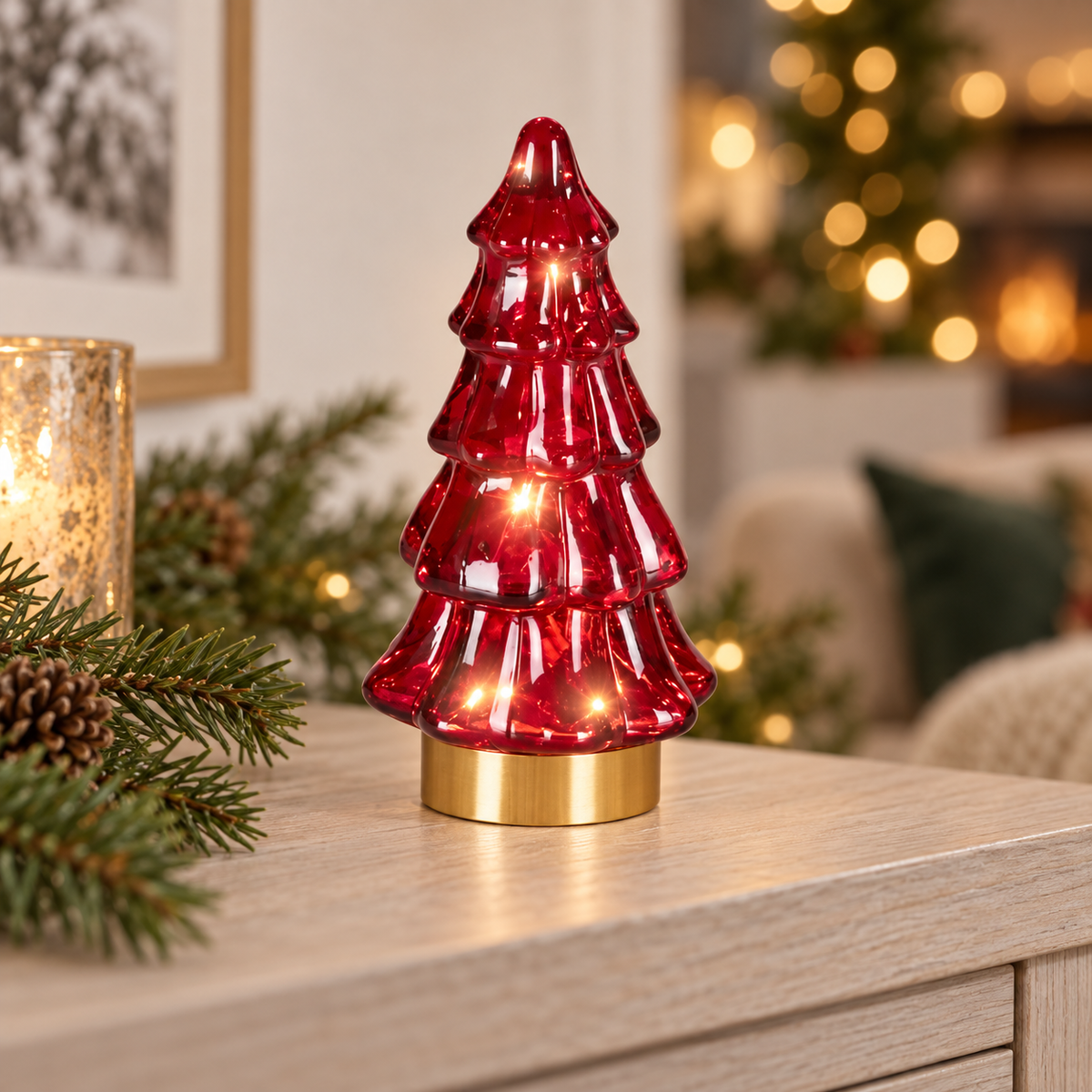 Alberello natalizio in vetro rosso con micro LED 12,8 cm