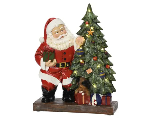 Babbo Natale con albero e 12 micro LED in resina 29 cm