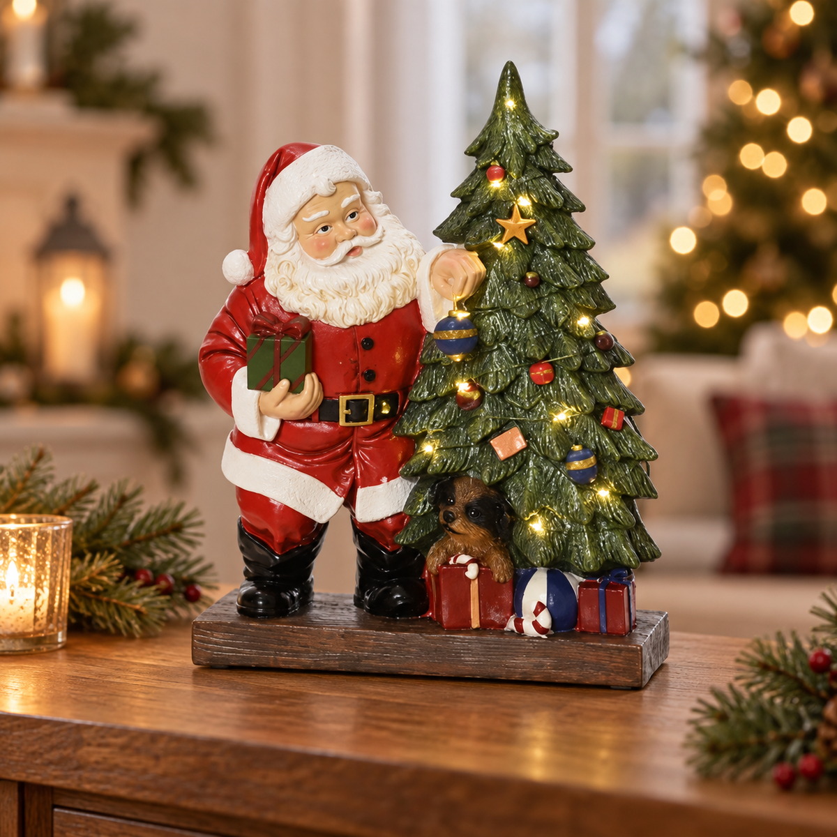 Babbo Natale con albero e 12 micro LED in resina 29 cm