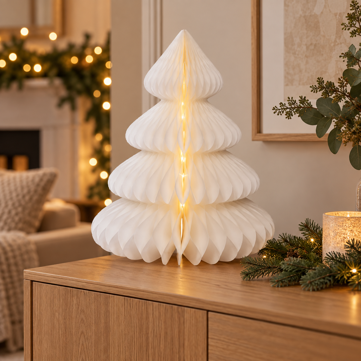 Albero di Natale in carta bianca con 40 micro LED 48 cm
