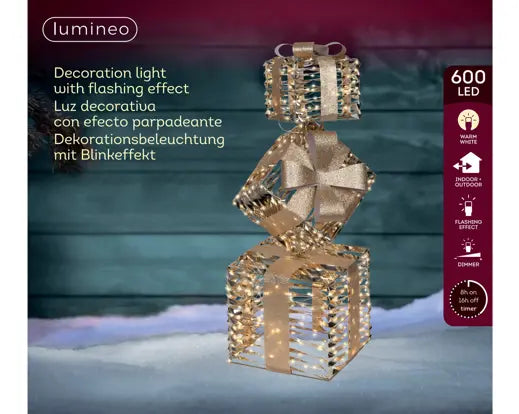 Pacchi regalo luminosi oro con 600 micro LED da esterno 73 cm