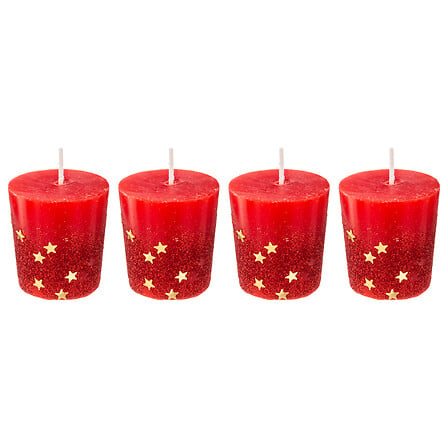 Candele votive natalizie rosse con stelle oro – set da 4