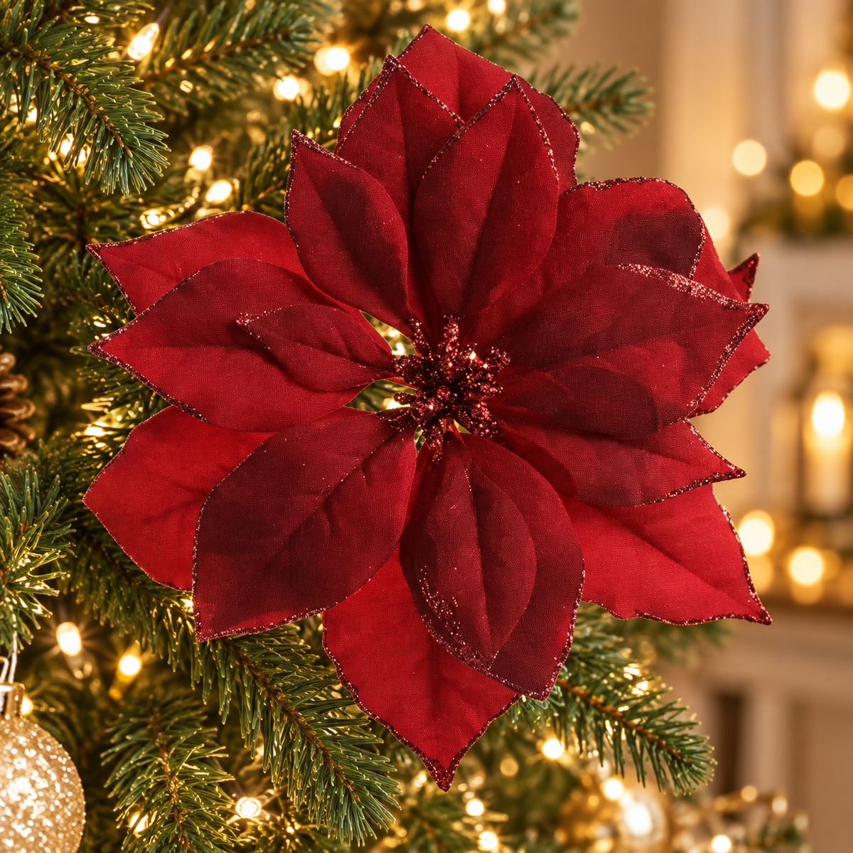 Stella di Natale bordeaux con clip e glitter Ø 24 cm – Kaemingk