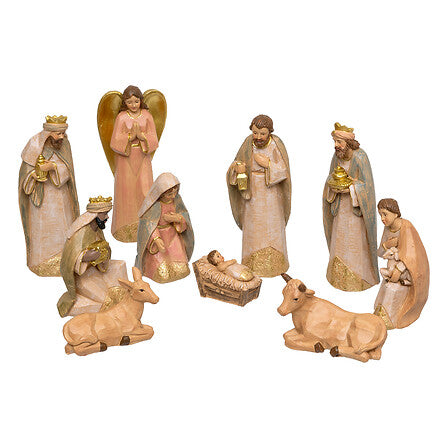 Presepe in resina con 10 personaggi fino a 15 cm