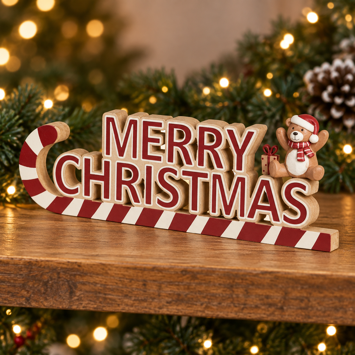 Scritta Merry Christmas con orsetto 28 cm – Kaemingk