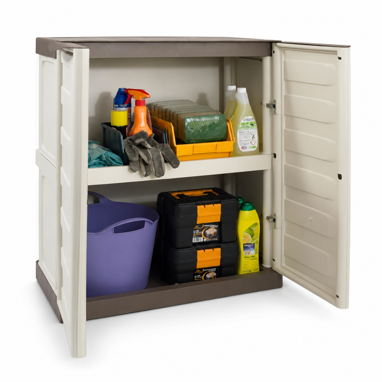 Armadietto basso da esterno in resina tortora 2 ante 1 ripiano 70x39x85 cm – Spazio