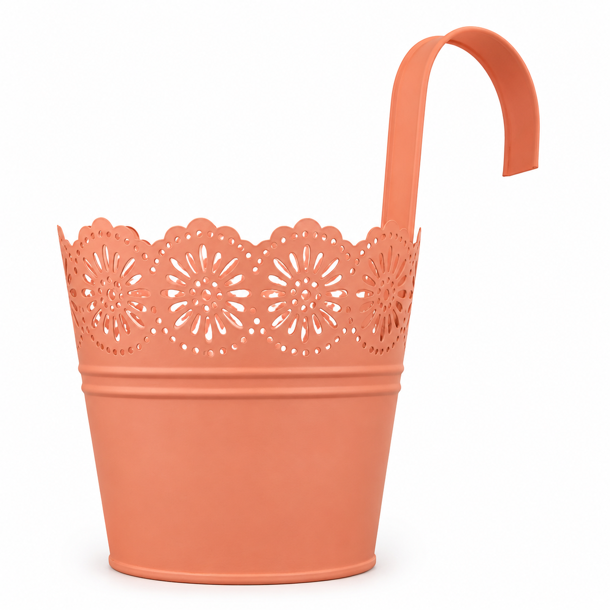 Fioriera pensile in zinco opaco con bordo traforato e gancio – arancio e terracotta