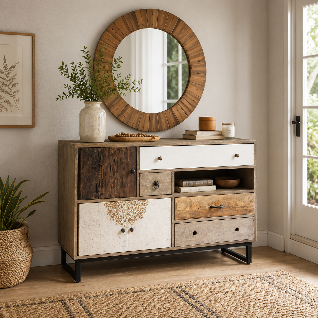 Credenza in legno di mango con 4 cassetti e 3 ante bianco naturale – Koval
