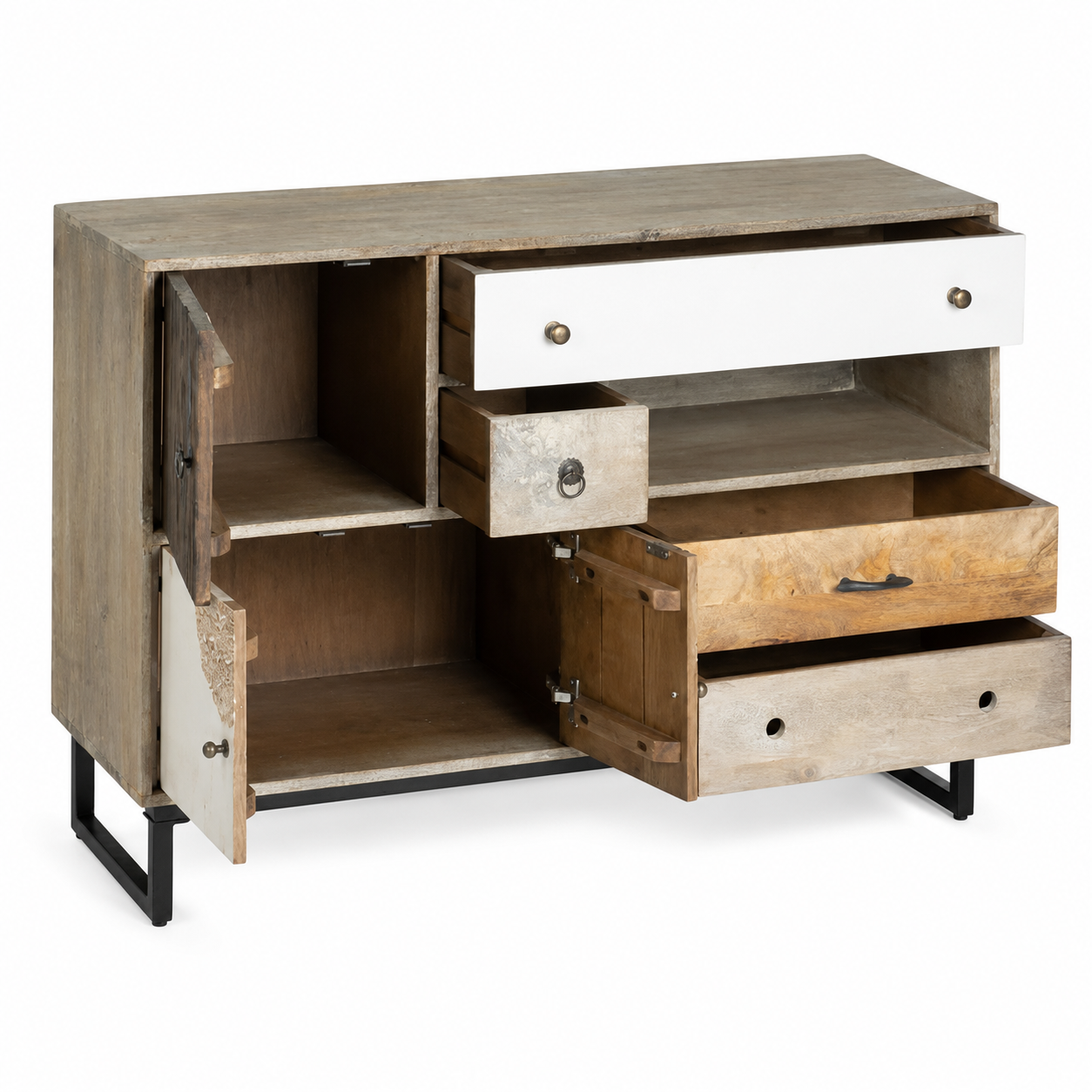 Credenza in legno di mango con 4 cassetti e 3 ante bianco naturale – Koval