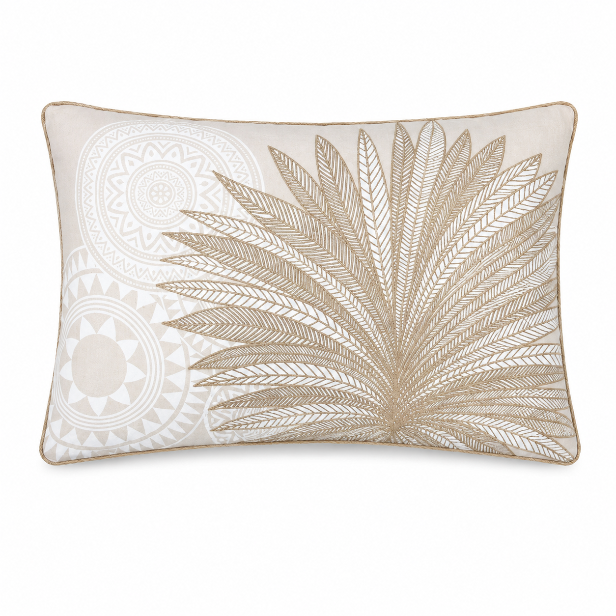 Cuscino da esterno in cotone naturale con ricamo foglie di palma dorate 40x60 cm – Mekong