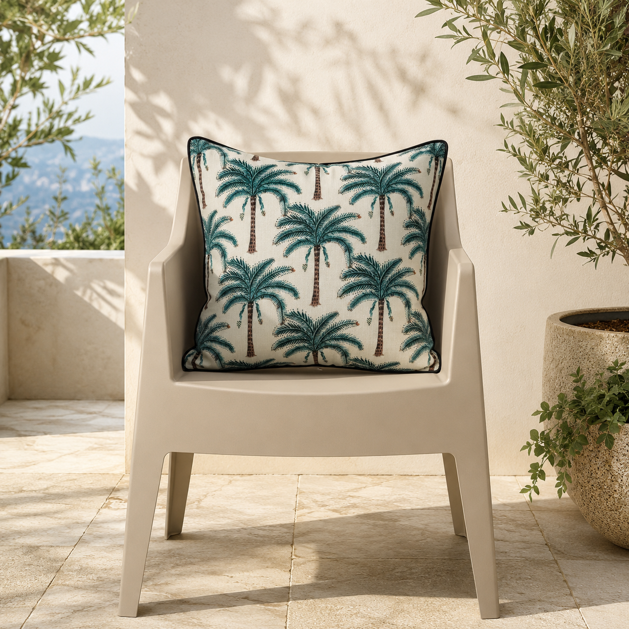 Cuscino da esterno con fantasia tropicale bianco caldo – Palm Resort