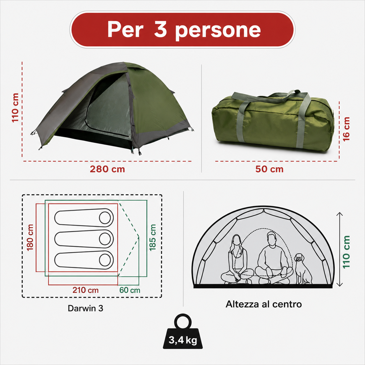 Tenda da campeggio a cupola 3 posti impermeabile – Darwin 3