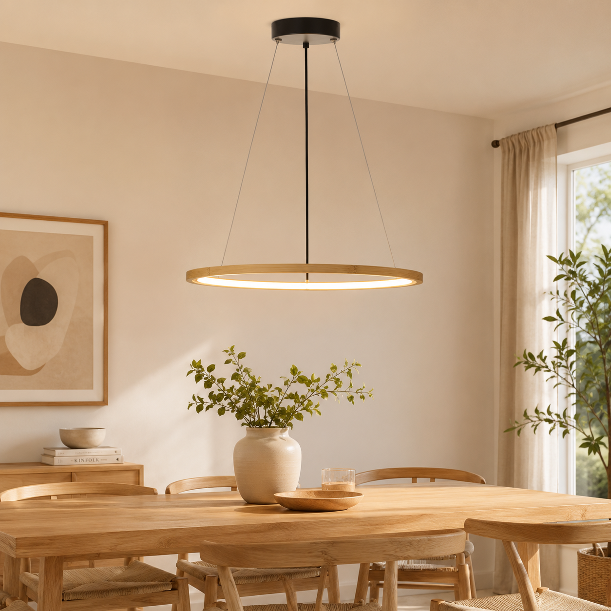 Lampada a sospensione LED ad anello in bambù naturale – Finn