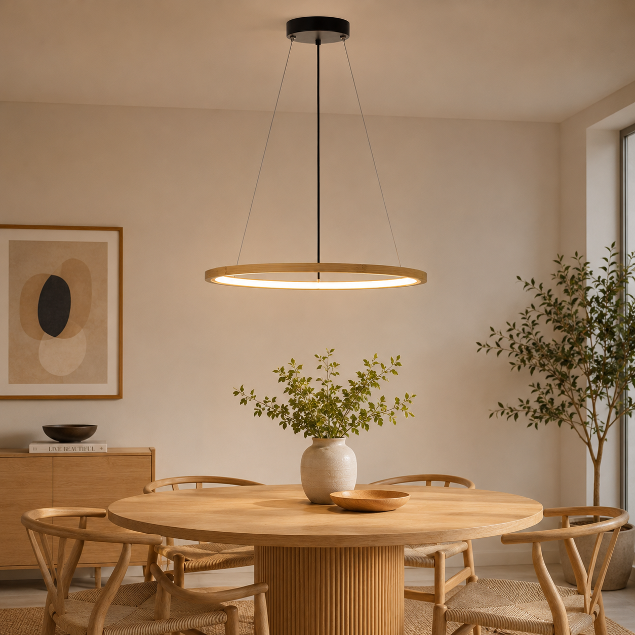 Lampada a sospensione LED ad anello in bambù naturale – Finn