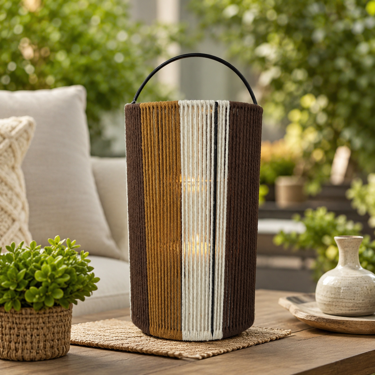 Lanterna decorativa in corda di cotone con manico e luce a batteria