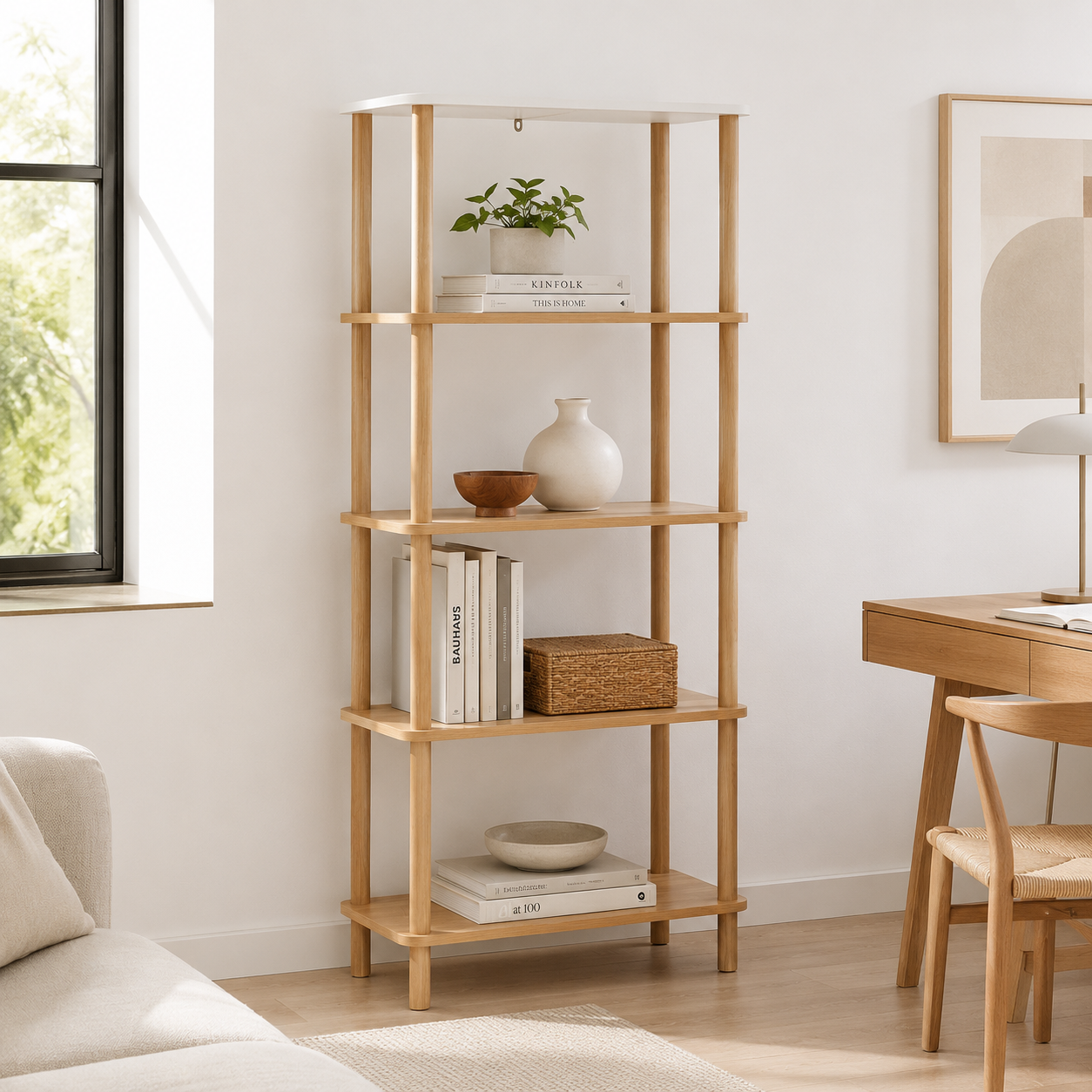 Libreria a 5 ripiani in bamboo naturale e top bianco – Come