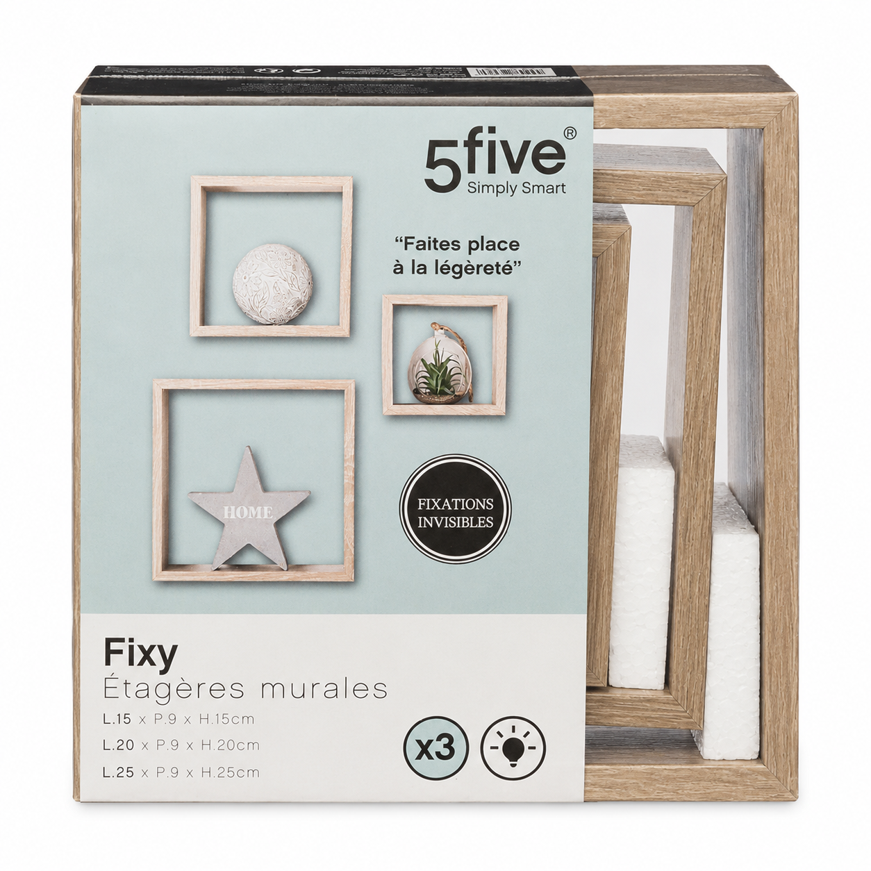 Set 3 mensole a cubo da parete effetto rovere naturale 15-20-25 cm – Fixy