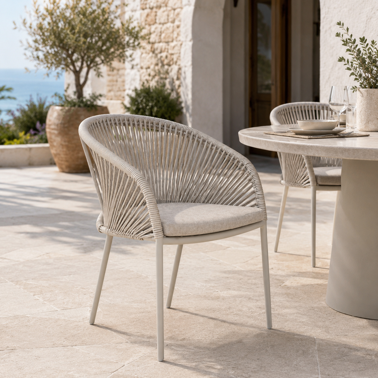 Poltrona da giardino impilabile con intreccio rattan e cuscino color clay – Oryon