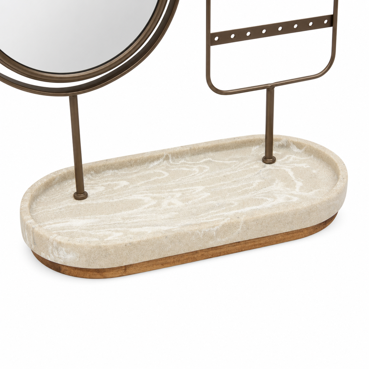 Porta gioielli con specchio rotondo e base in pietra beige – Come