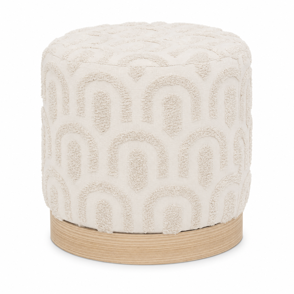 Pouf rotondo tufté bianco con base in legno – Copas