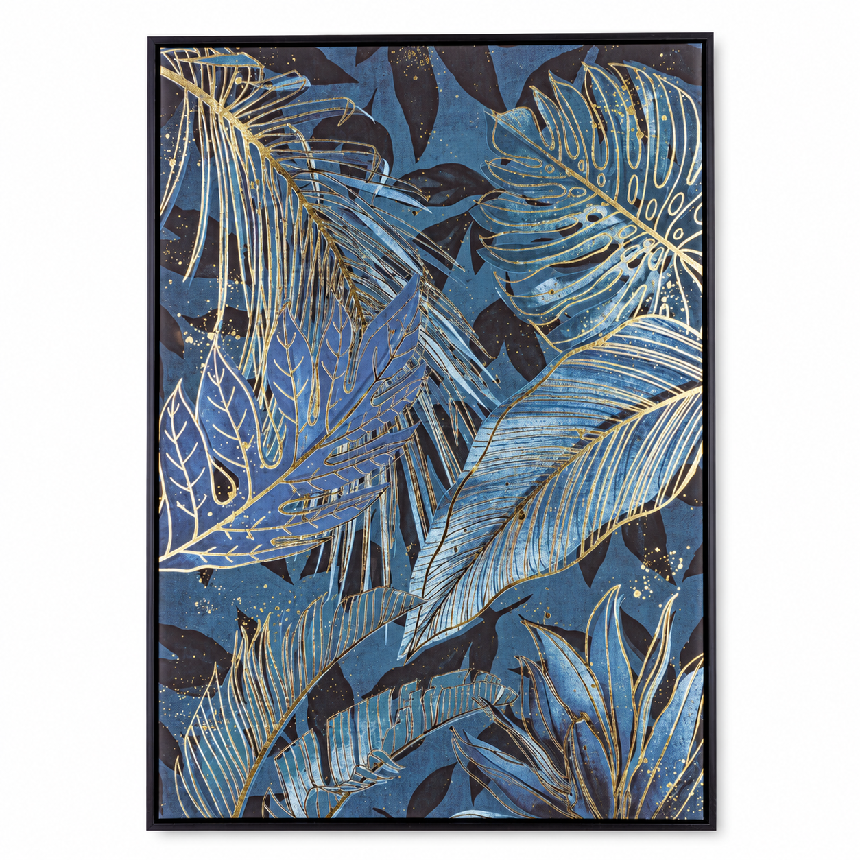 Quadro decorativo su tela botanico blu e oro con cornice nera – Botanic