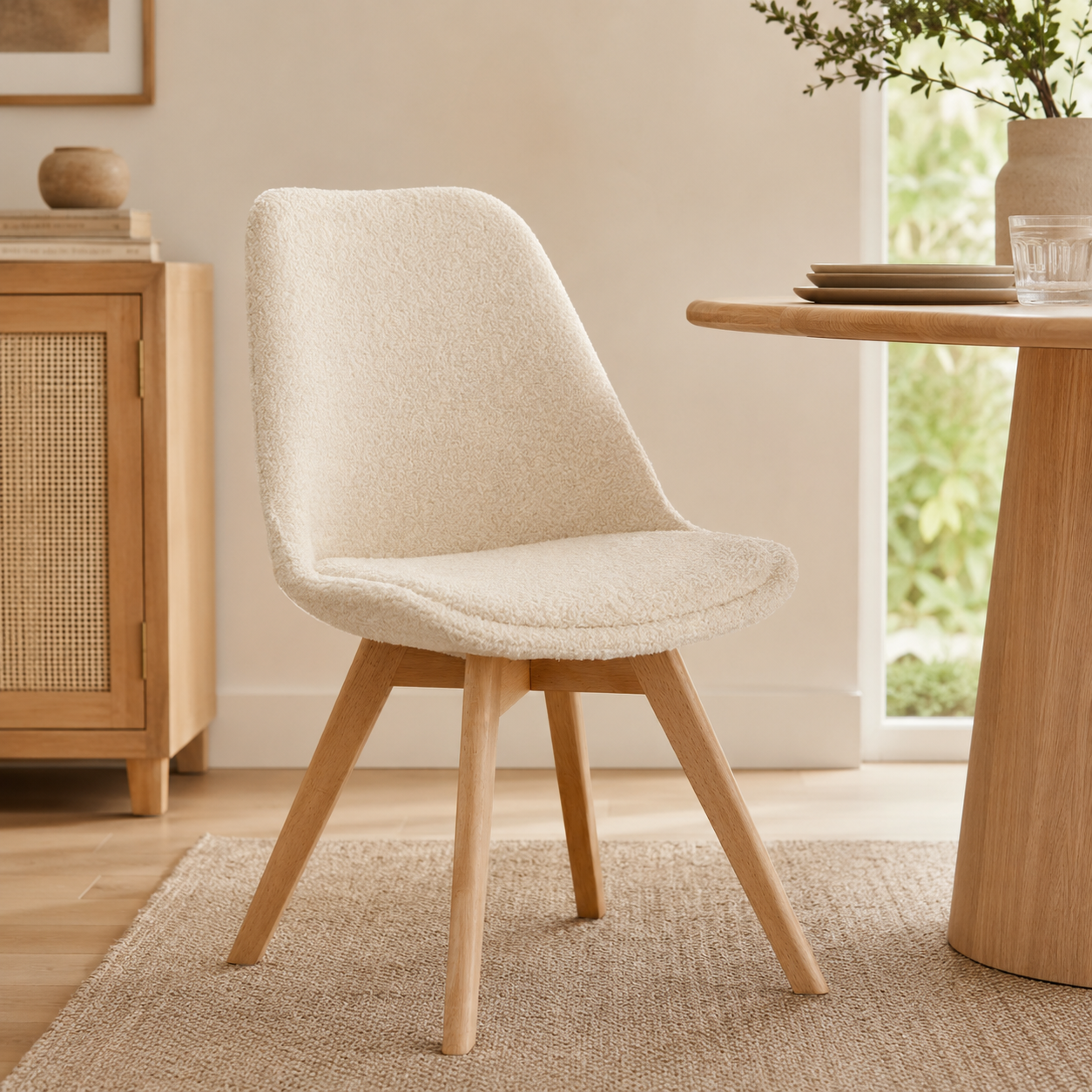 Sedia da pranzo imbottita in bouclé bianco con gambe in faggio – Baya